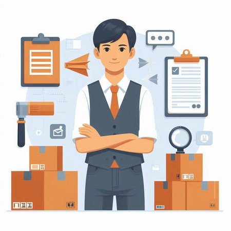 Vector illustration of a man in a business suit and a lot of boxes.のイラスト素材