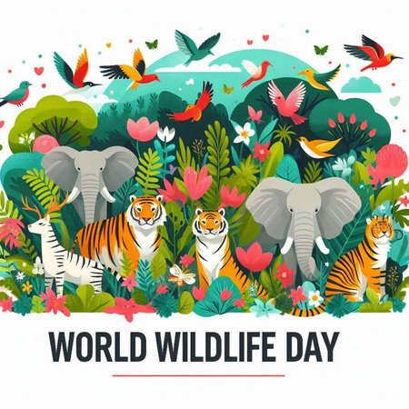 World Wildlife Day banner with wild animals and flowers. Vector illustration.のイラスト素材