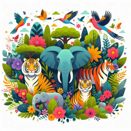 Cute cartoon vector illustration with wild animals, exotic plants and flowers.のイラスト素材