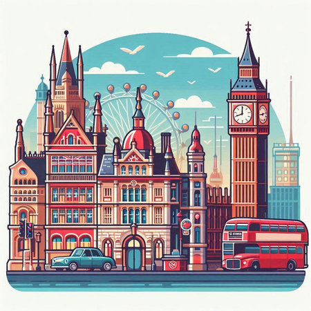 London cityscape with famous buildings. Vector illustration in vintage style.のイラスト素材
