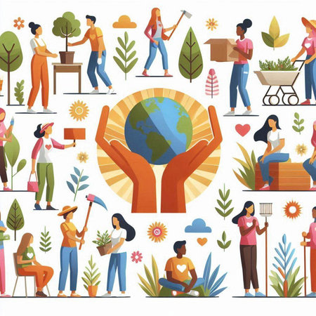 Ecology seamless pattern with people working in the garden. Vector illustrationのイラスト素材