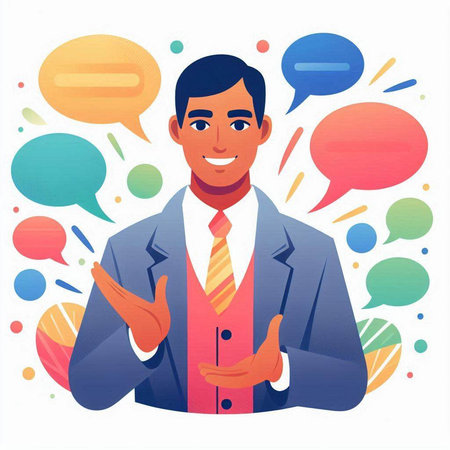 Businessman with colorful speech bubbles. Vector illustration in flat style.のイラスト素材