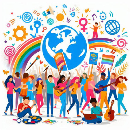 World music day concept. Group of people with musical instruments and symbols. Vector illustrationのイラスト素材