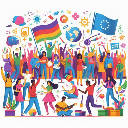 Vector illustration of group of people with international flags and musical instruments.のイラスト素材