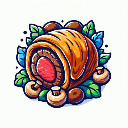 Sausage roll vector illustration. Smoked meat roll with mushrooms.のイラスト素材