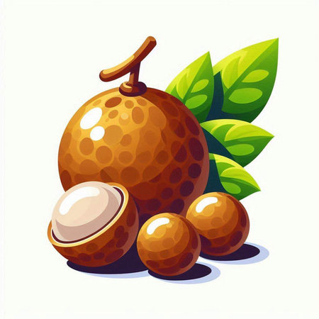 Illustration of fresh longan fruit with leaves on a white backgroundのイラスト素材