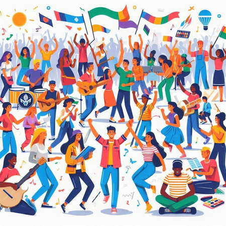 Crowd of happy people with flags and musical instruments. Flat vector illustration.のイラスト素材