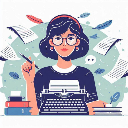 Young woman writer with typewriter and books. Vector illustration in flat styleのイラスト素材