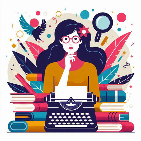 Woman writer with typewriter and books. Vector illustration in flat styleのイラスト素材
