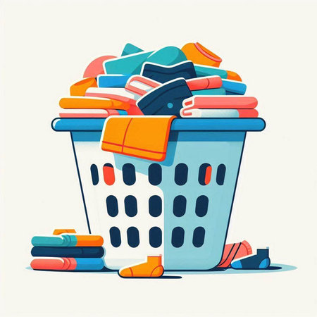Illustration of a plastic basket full of dirty clothes. Vector illustration.のイラスト素材