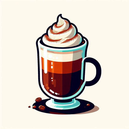 Coffee cup with whipped cream and coffee beans. Vector illustration.のイラスト素材