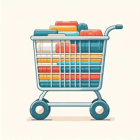 Shopping cart full of books. Vector illustration in cartoon style.のイラスト素材