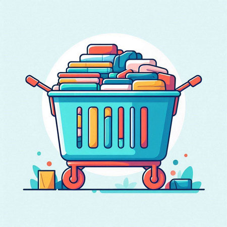 Shopping cart with pile of clothes. Vector illustration in cartoon styleのイラスト素材