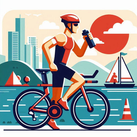 Cyclist with bottle of water on city background, vector illustrationのイラスト素材