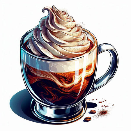 Cup of coffee with whipped cream and coffee beans on white backgroundのイラスト素材