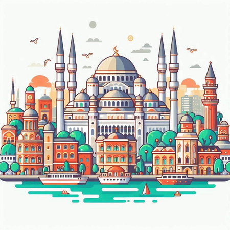 Cityscape of Istanbul, Turkey. Colorful hand drawn vector illustration.のイラスト素材