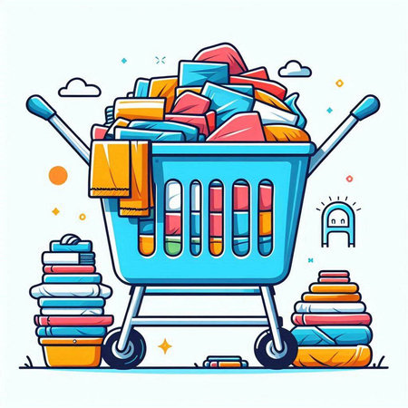 Cartoon illustration of shopping cart full of household items. Vector illustration.のイラスト素材