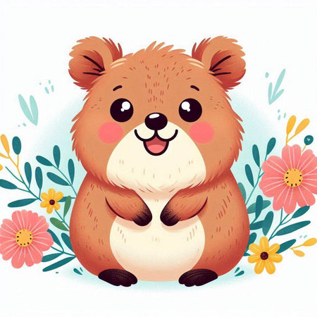 Cute cartoon hamster with flowers and leaves. Vector illustration.のイラスト素材