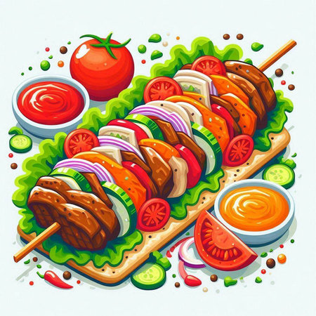 Illustration of kebab on skewers with vegetables and saucesのイラスト素材
