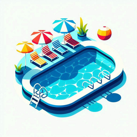 Swimming pool isometric vector illustration. Swimming pool with sunbeds and umbrellas.のイラスト素材