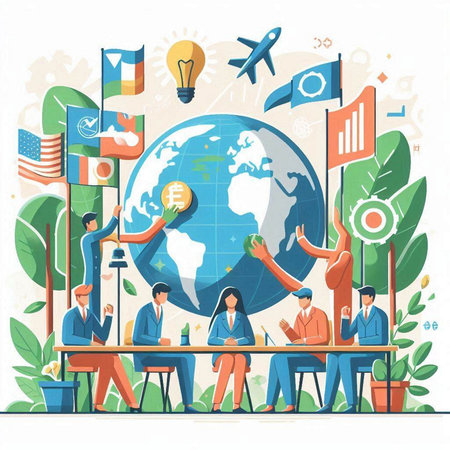 Business people around globe. Vector illustration in flat style. Teamwork concept.のイラスト素材