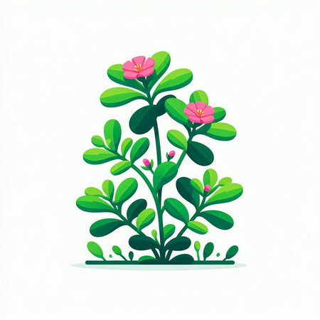 Vector illustration of a green plant with pink flowers on a white backgroundのイラスト素材