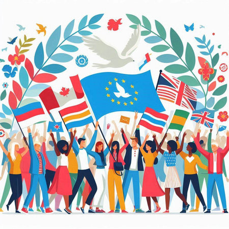 People with flags and symbols of the European Union. Vector illustration.のイラスト素材