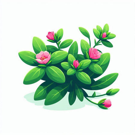 Illustration of a green plant with pink flowers on a white backgroundのイラスト素材