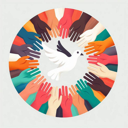International Day of Peace concept with hands and dove. Vector illustration.のイラスト素材
