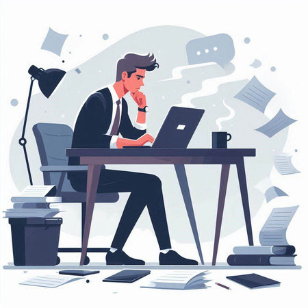 Businessman sitting at desk and working on laptop. Vector illustration in cartoon styleのイラスト素材