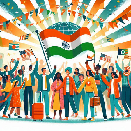 Indian people crowd with flags celebrating independence day of India vector illustration.のイラスト素材