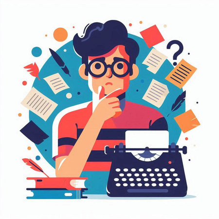 Young man writer with typewriter and paper sheets. Vector illustration.のイラスト素材