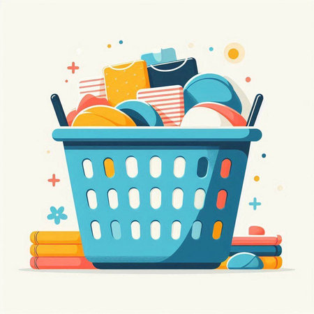 Shopping basket full of products. Vector illustration in flat style.のイラスト素材