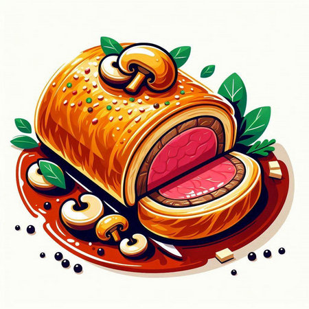 Illustration of a delicious meat roll with mushrooms and spices on a white backgroundのイラスト素材