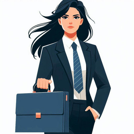 Beautiful business woman with briefcase. Vector illustration in retro style.のイラスト素材