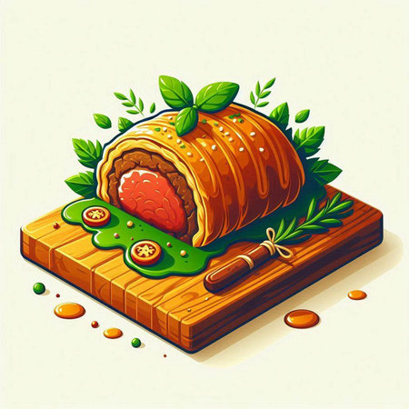 Illustration of a delicious meat pie on a wooden cutting board.のイラスト素材