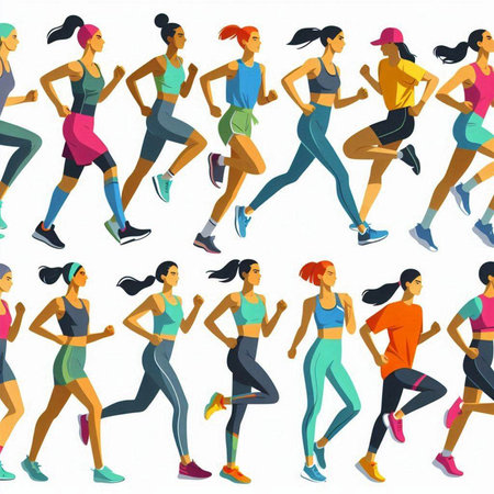 Seamless pattern of running women. Vector illustration in flat style.のイラスト素材