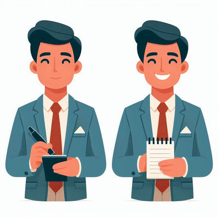 Vector illustration of a young man in a suit with a notepad.のイラスト素材