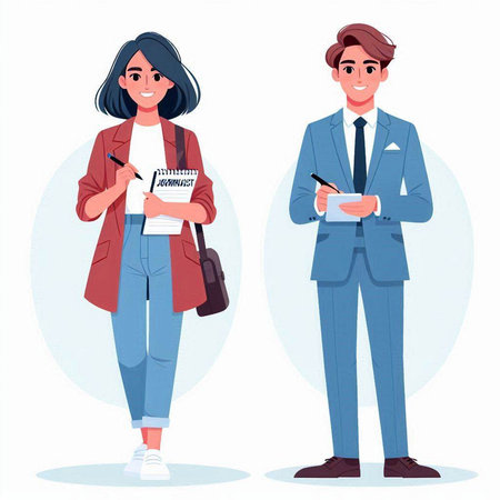 Vector illustration of a young man and woman in business suits holding notebooks and pen.のイラスト素材