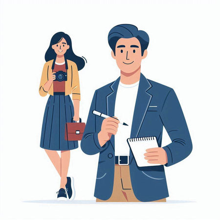 Young man and woman with notebook and camera. Vector illustration in cartoon styleのイラスト素材