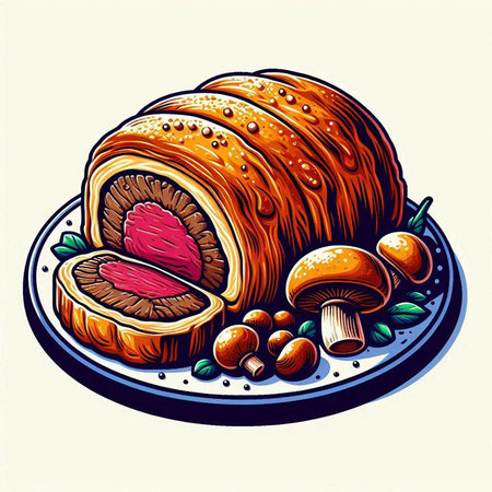 Baked bread with figs and mushrooms on a plate. Vector illustrationのイラスト素材