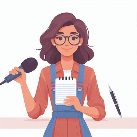 Female journalist with microphone and notebook. Vector illustration in flat cartoon styleのイラスト素材