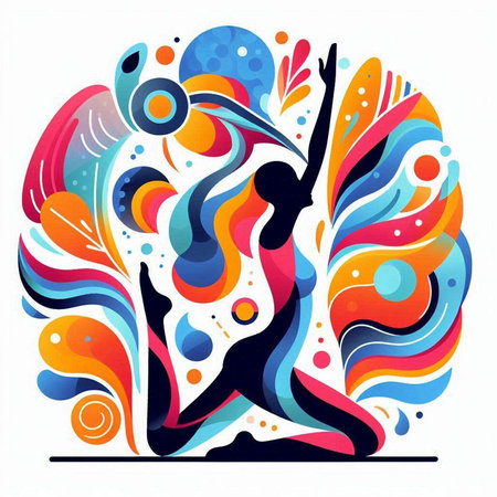 Silhouette of a woman doing yoga on a colorful background.のイラスト素材