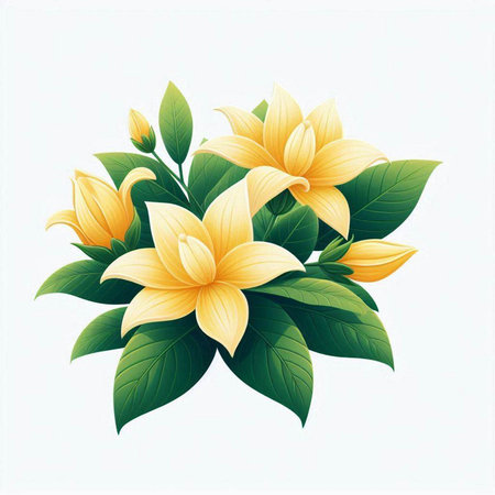 Illustration of yellow flowers with green leaves on a white background.のイラスト素材