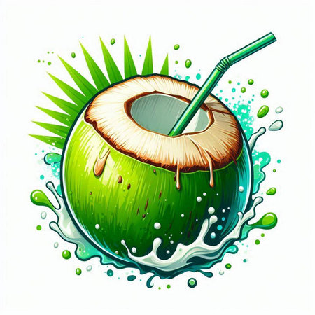 Coconut water splash on white background. Vector illustration of fresh coconut water splash with straw.のイラスト素材