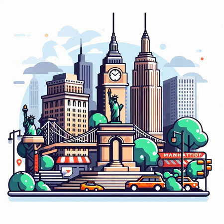 New York City. Vector illustration in cartoon style. Cityscape with buildings and skyscrapers.のイラスト素材