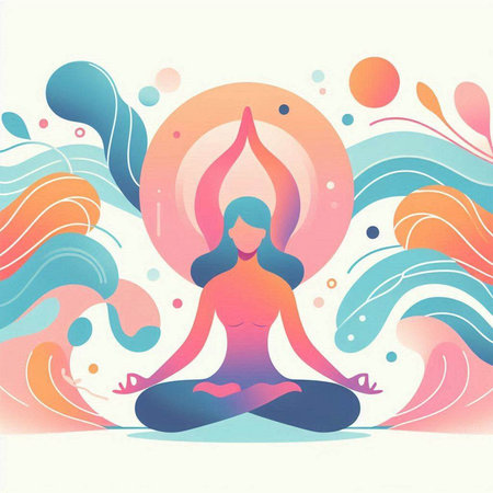 Vector illustration of woman meditating in lotus pose on abstract backgroundのイラスト素材