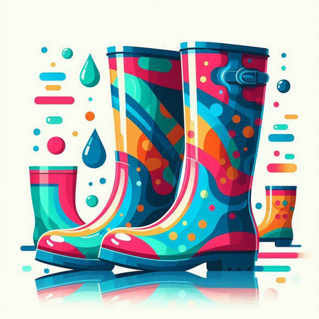 Vector illustration of colorful rubber boots on a background of water drops.のイラスト素材