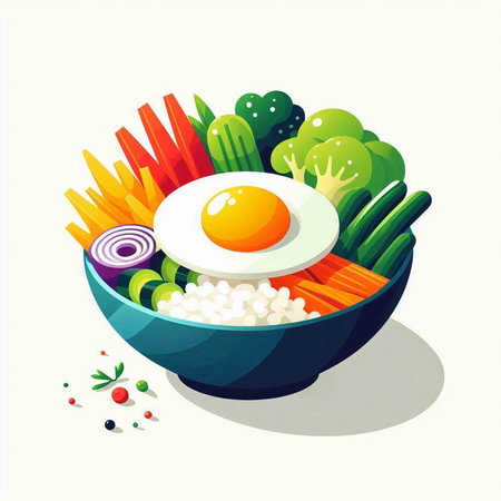 Illustration of a bowl of fresh vegetables with a fried egg.のイラスト素材