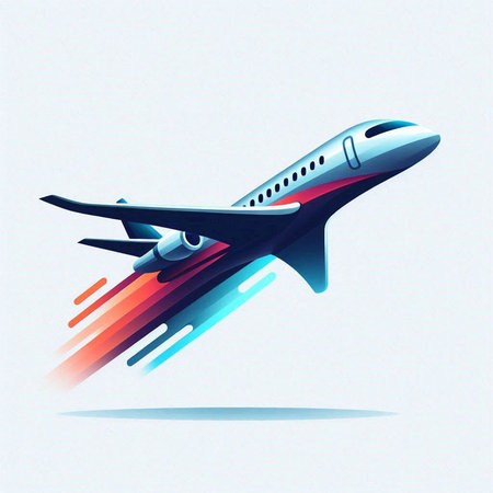 Airplane flying in the blue and orange colors. Vector illustration.のイラスト素材